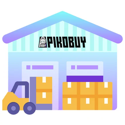 Illustration of a warehouse with a PIKOBUY sign, a forklift and stacked cartons