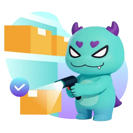 Illustration of the mascot scanning a carton with a tick