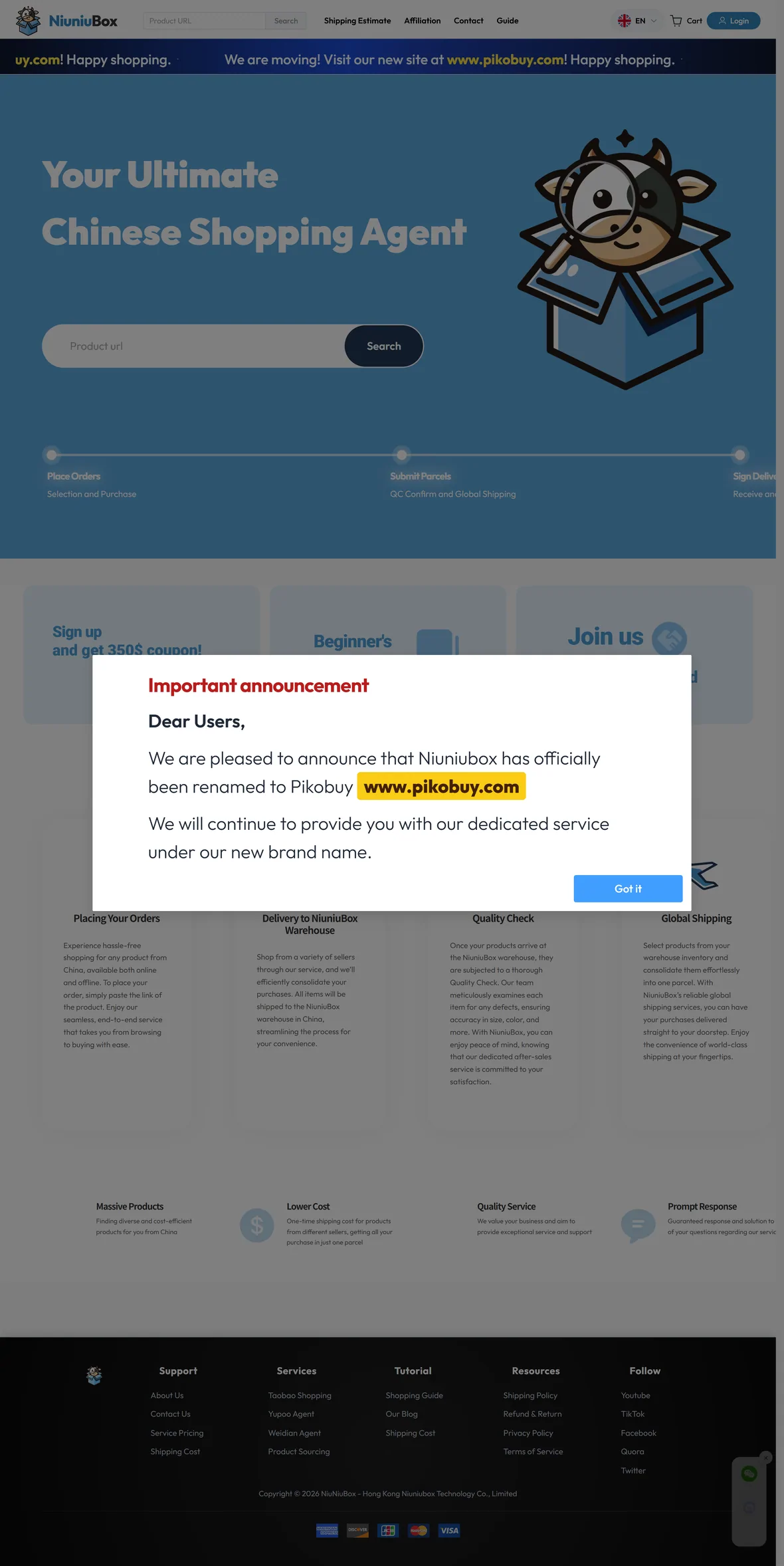 The old niuniubox.com home page dimmed behind a modal headed Important announcement