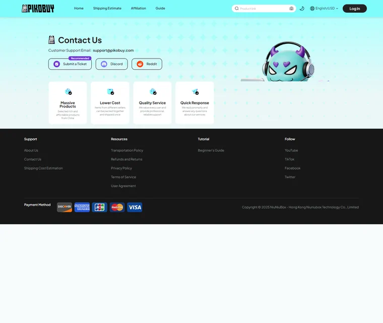 The official contact page, dark layout with contact cards