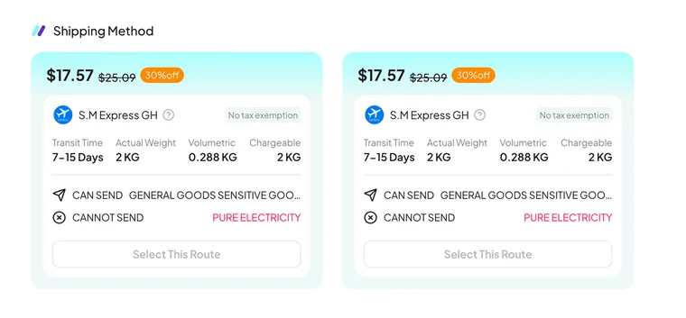Two shipping-line cards side by side, each with its own price